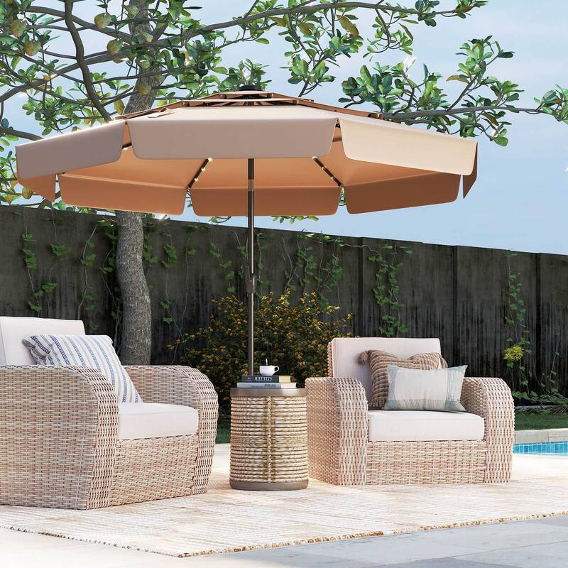 Costway 10 FT Solar Patio Umbrella with 32 LED Lights 3-Tier Vented - Brown