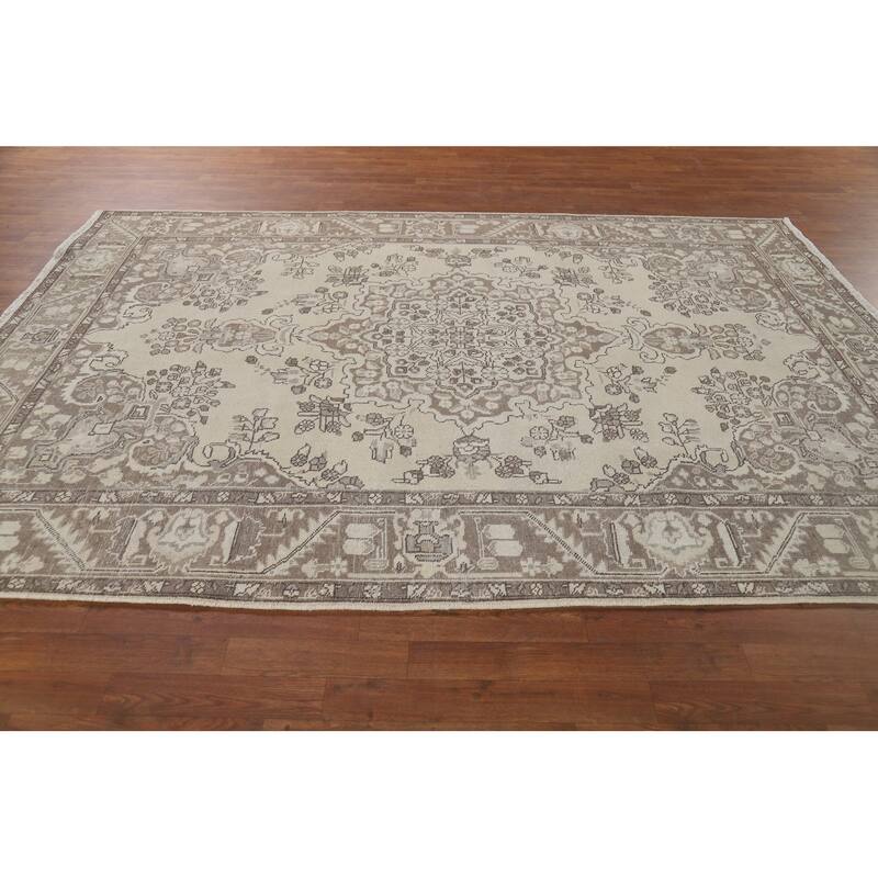 Distressed Tabriz Vintage Persian Rug Hand-Knotted Blue Wool Carpet - 6'7" x 9'6"