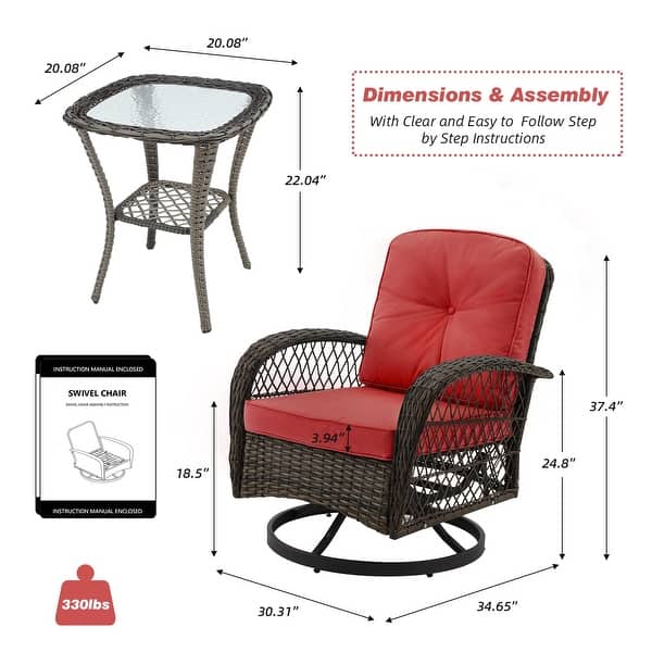dimension image slide 4 of 5, EROMMY Outdoor 3 Pieces Swivel Rocker Patio Chair Sets with Glass Table, All-Weather Wicker & Thickened Cushions for Backyard