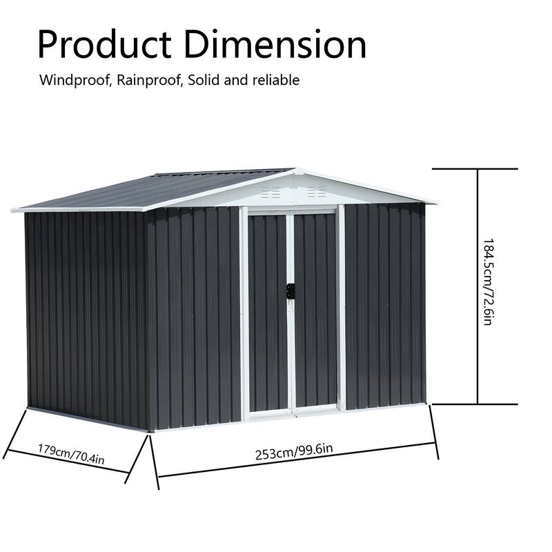 Outdoor Storage Garden Bike Shed 8x6 Feet Apex Roof With Aluminum alloy frame and sliding door