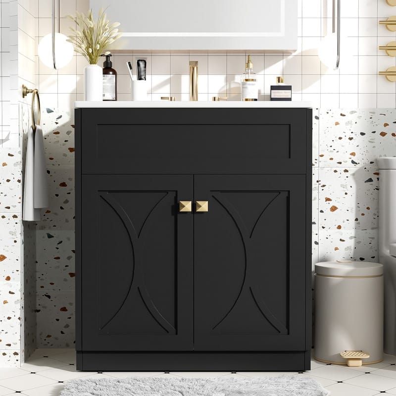 30'' Bathroom Vanity with Ceramic Sink Combo, Modern Freestanding Storage Cabinet with Gold Handles, Soft Closing Doors - Black