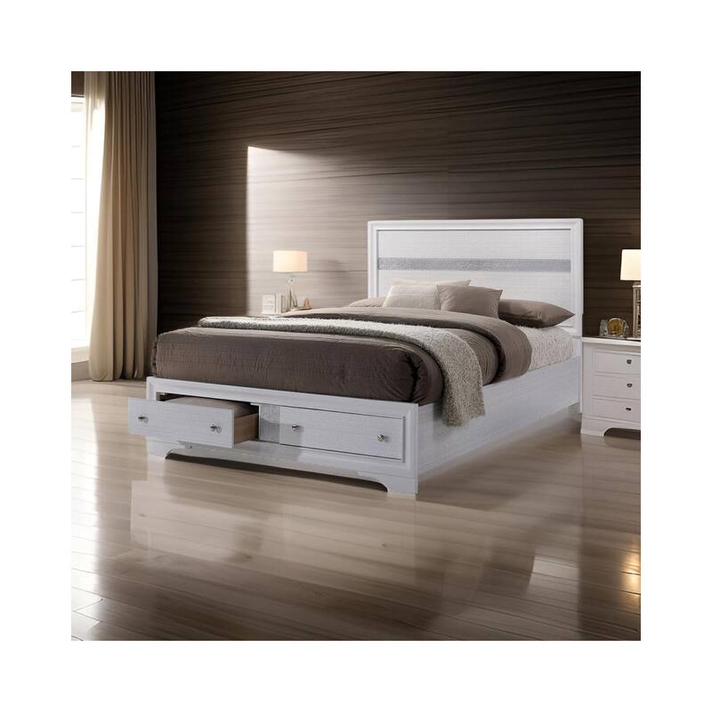 Eastern King Bed with Drawers - White Panel Bed Frame, Silver Accents, Wooden Construction