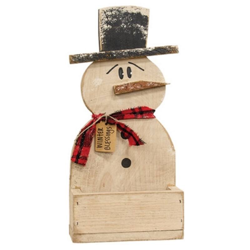 Rustic Wood Winter Blessings Snowman Wall Pocket 19 Inch Decor - 9" x 3.50" x 19" - Beige-Black