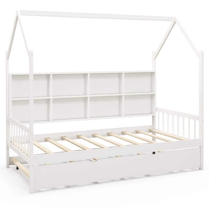 Gymax Twin House Daybed with Trundle Wooden Bed 8 Storage Shelf