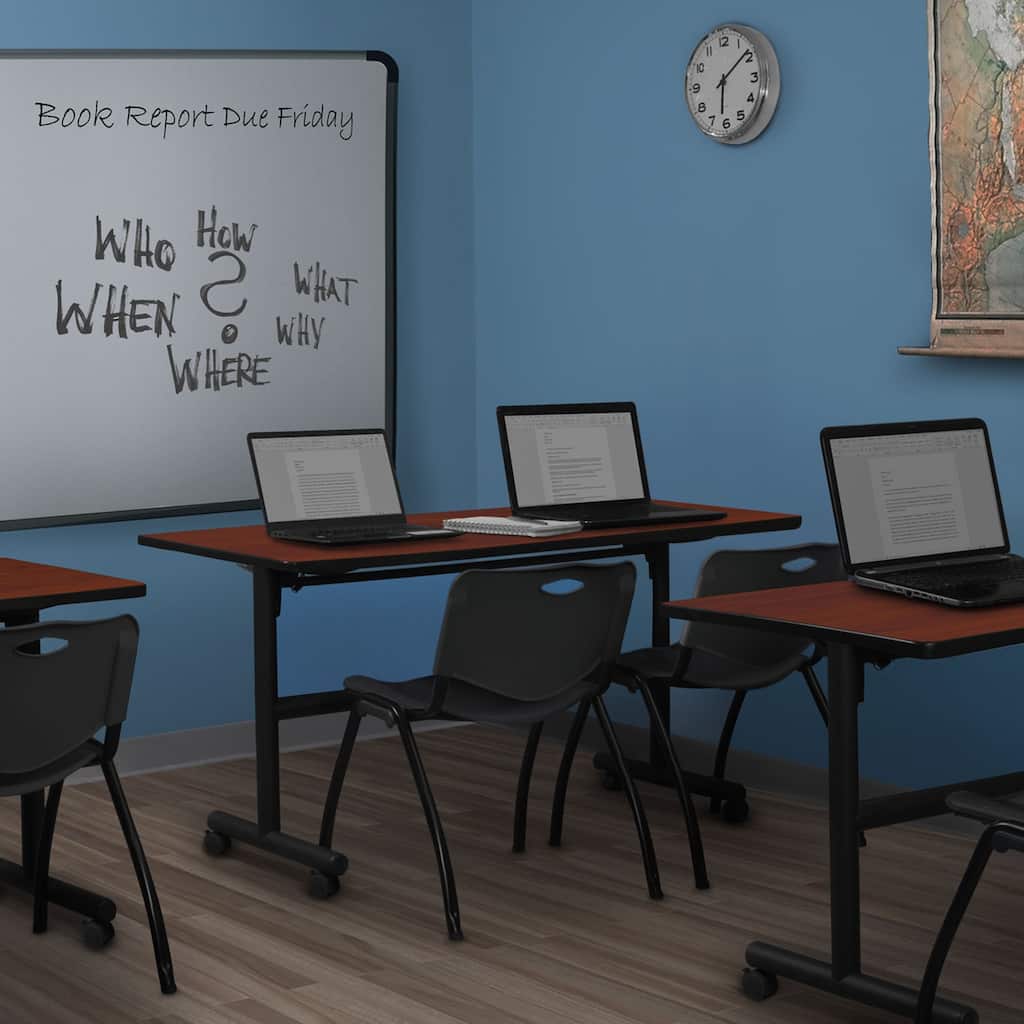 60" Flip Top Mobile Training Table- Cherry & 2 'M' Stack Chairs- Black