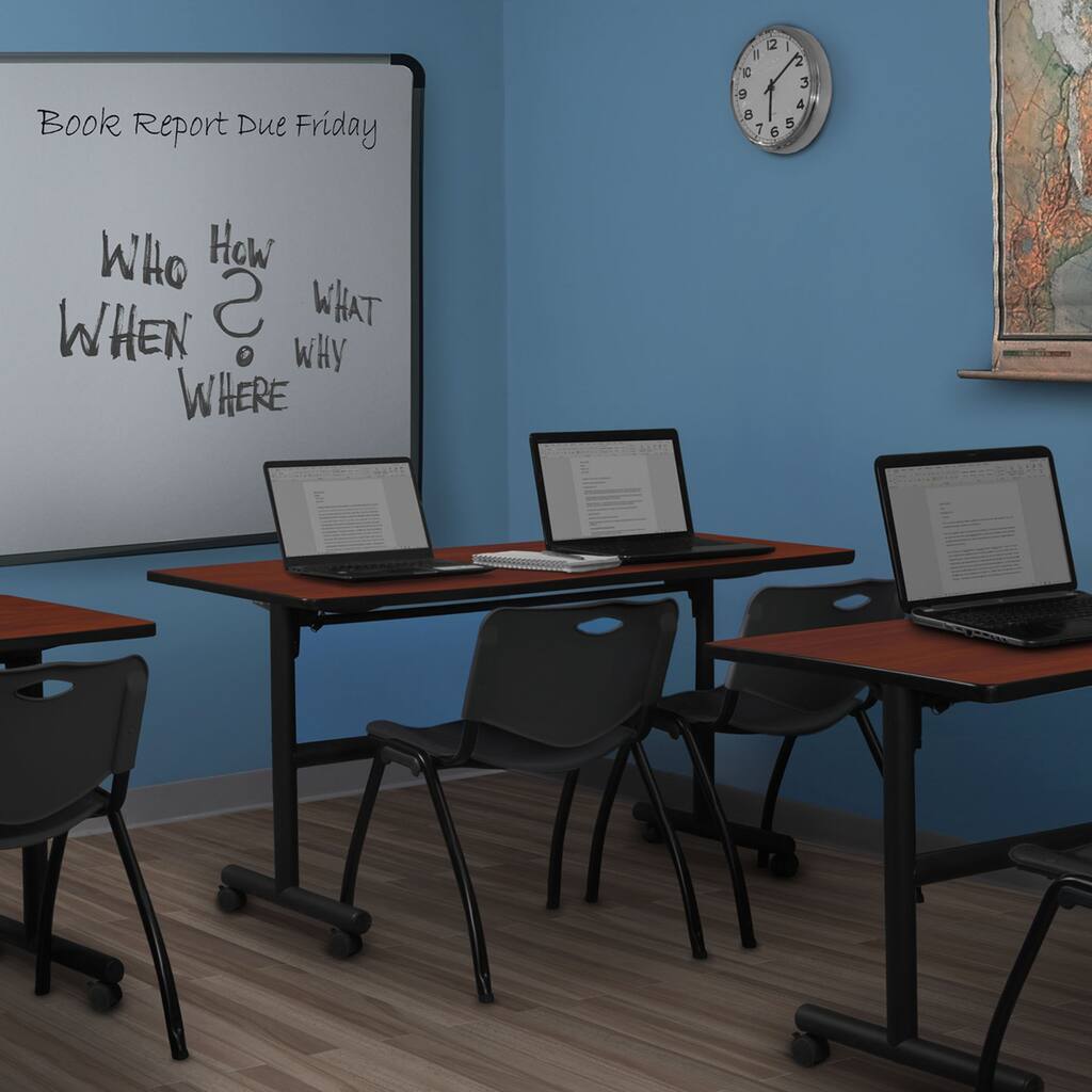 60" x 30" Flip Top Mobile Training Table- Cherry and 2 "M" Stack Chairs- Black