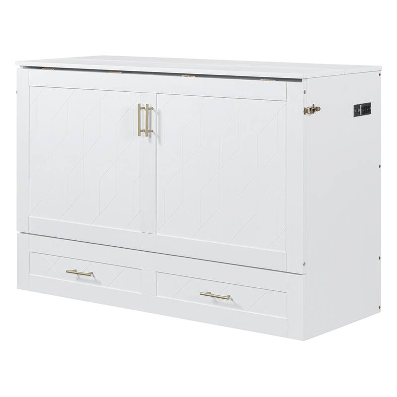 Full Size Murphy Bed with Pulley Structure Design, Drawer and USB Ports for Bedroom