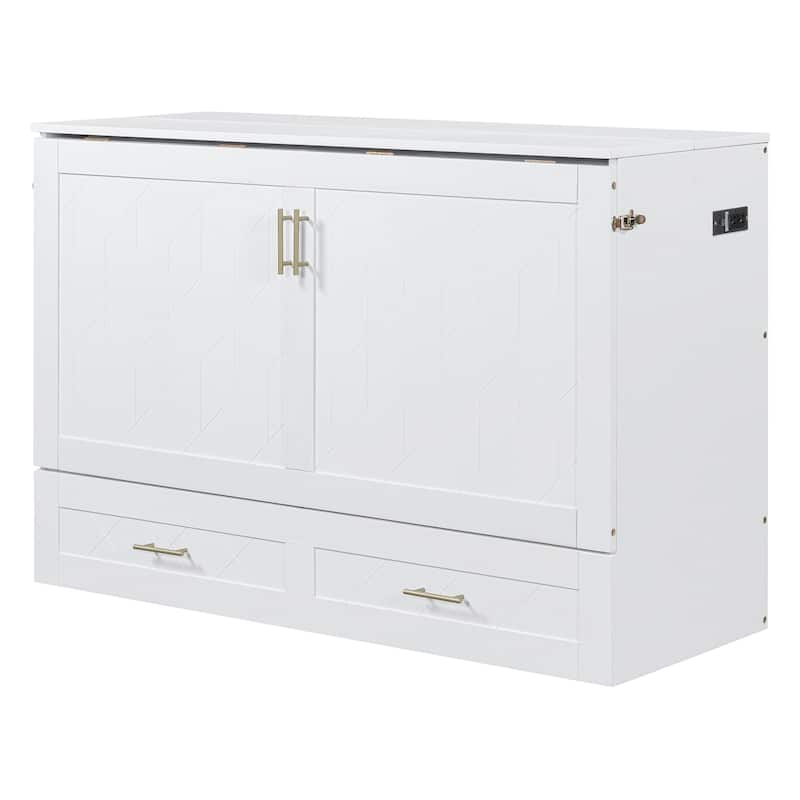 Queen Size Murphy Bed with Pulley System, Storage Drawer, USB Ports, and Sockets, Space-Saving
