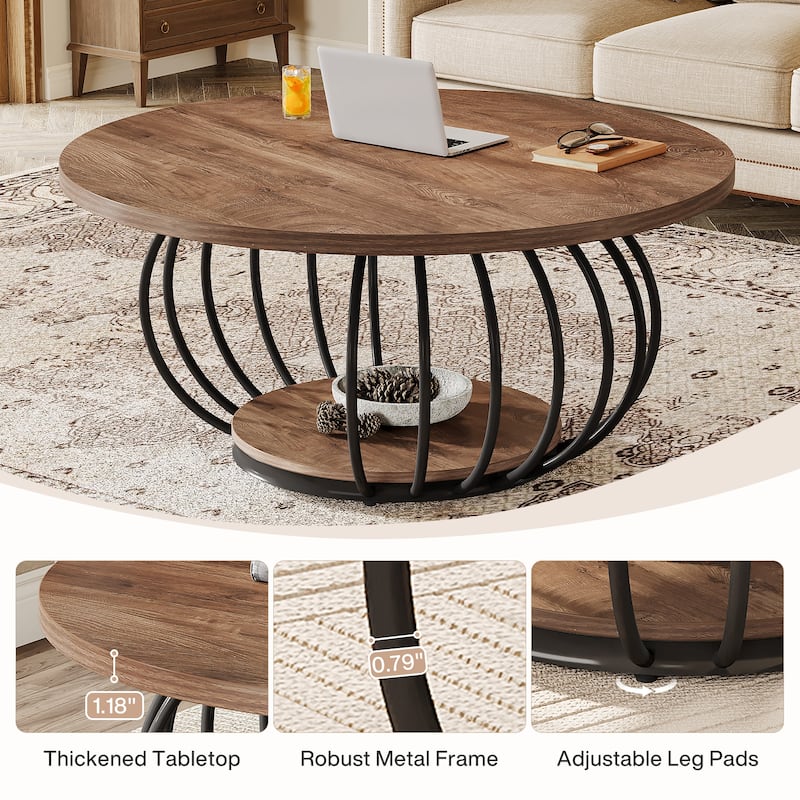 39.4" Rustic Wood Round Coffee Table with 2-Tier Storage - 39.37"D x 39.37" W x 18.11" H
