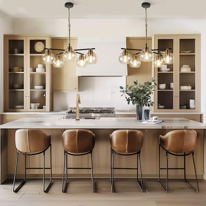 Modern 5-Light Black Gold Chandelier Seeded Glass Pendant Lights for Dining Room