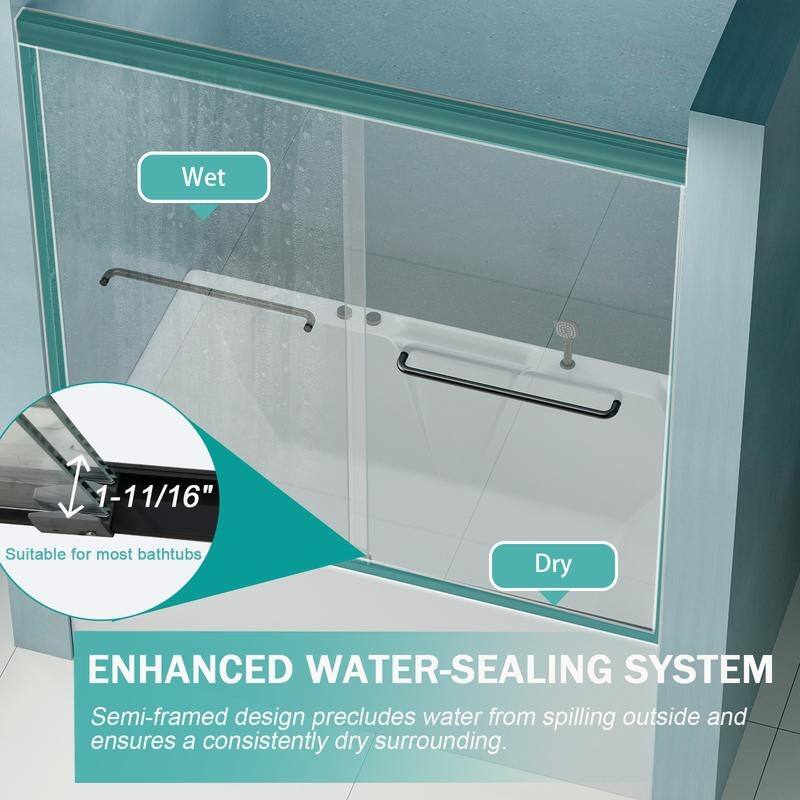 ABRUZZO 56-60" W x 58" H Double Sliding Semi-Frameless Tub Door 1/4" (6mm) Tempered Glass Aluminum Alloy Frame