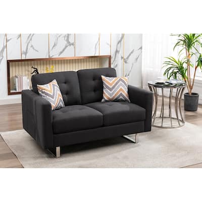 Victoria Linen Fabric Loveseat w/ Metal Legs Side Pockets and Pillows