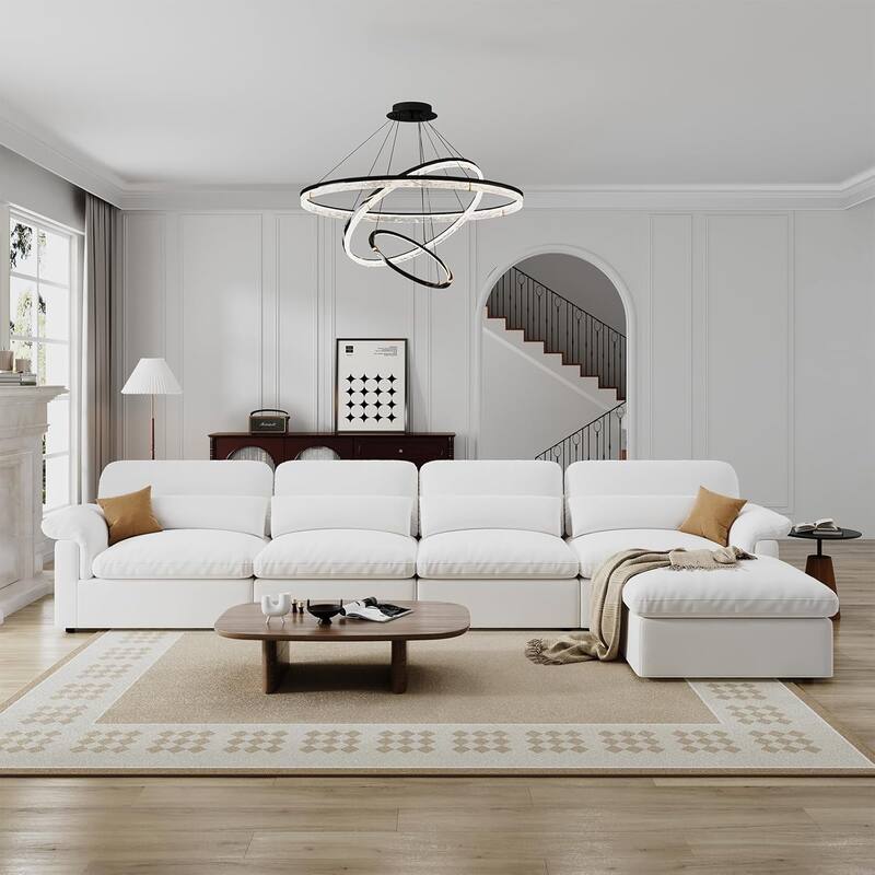 Chenille Modular Couch Down-Filled L-shaped Chaise Sectional Sofa with Storage Ottoman, Removable & Washable Sofa Cover - White