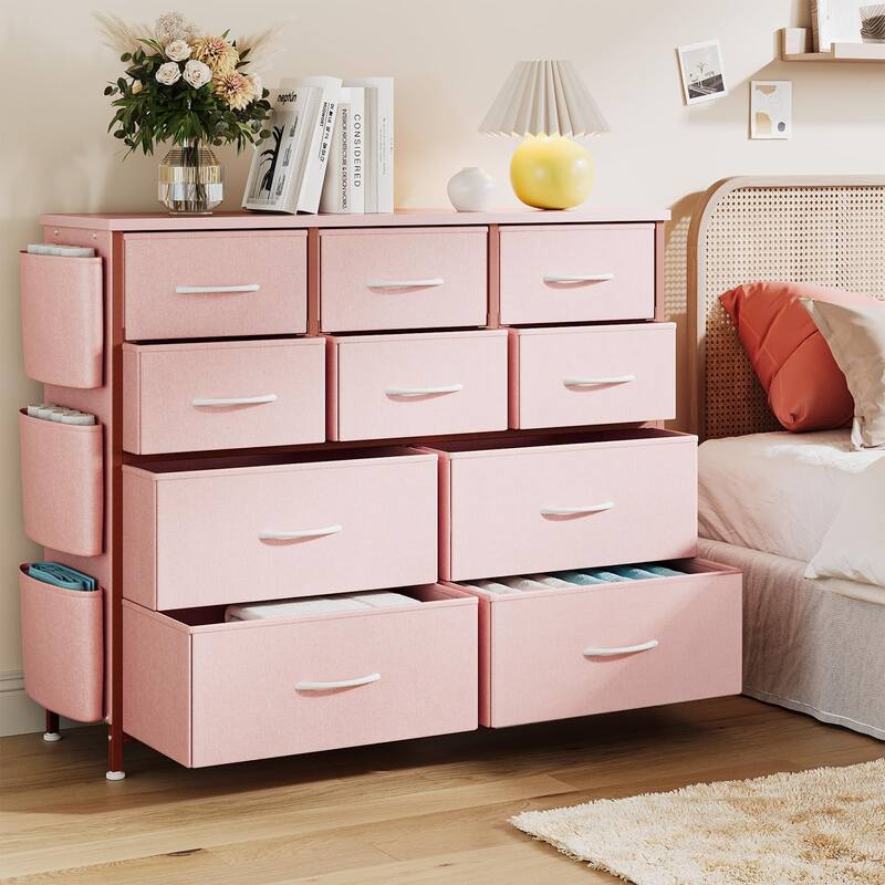 Fabric 10 Drawer Dresser for Bedroom, Metal Frame Storage Organizer Chest with Side Pockets, Hooks - Pink