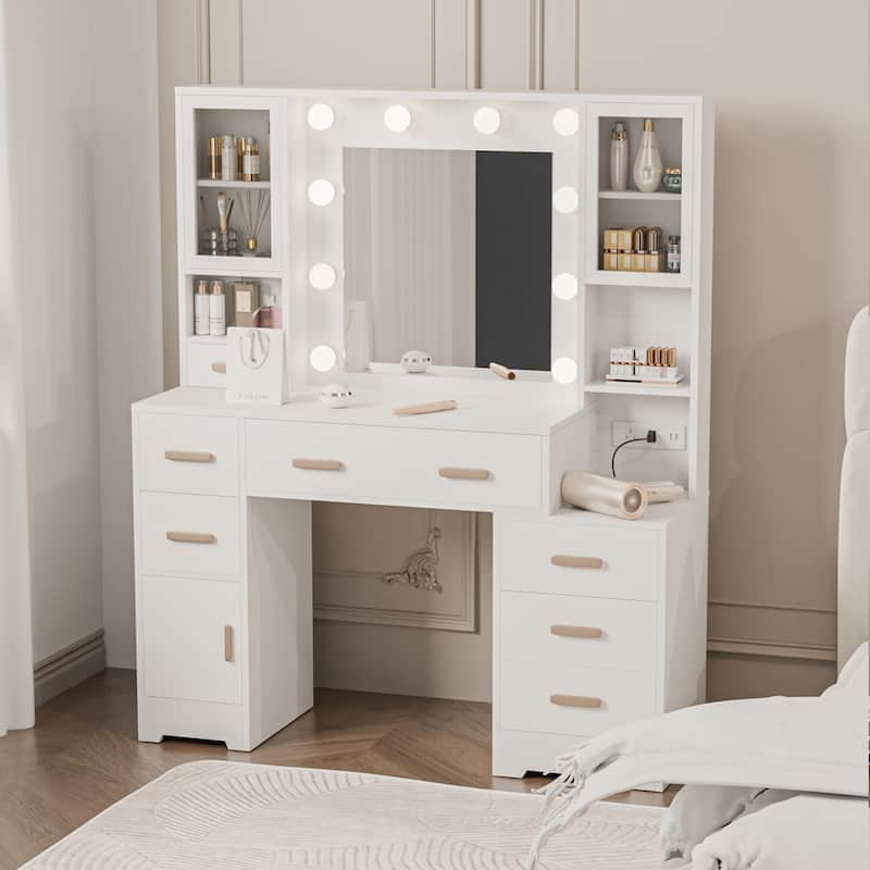 XINMICS Makeup Vanity Dressing Table, Vanity Desk with Mirror and Lights and Charging Station with 7 Drawers & 3 Cabinets