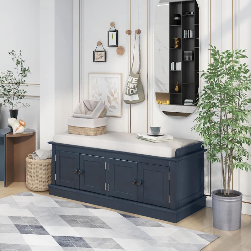 Storage Bench with 4 Doors and Adjustable Shelves, Shoe Bench with Removable Cushion for Living Room, Entryway