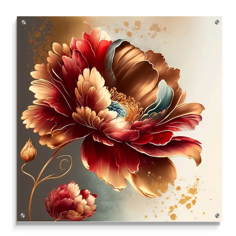 Designart "Bold Red Floral Design I" Floral Gloss Wall Decor Red - Traditional Acrylic Wall Art For Hallway Decor