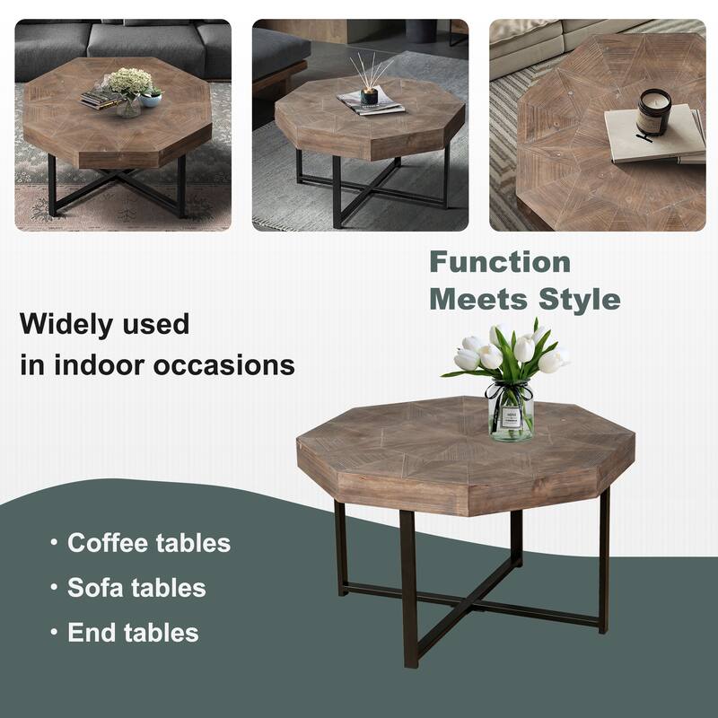 30 Inch Wood Octagonal Vintage Patchwork Craft Farmhouse Coffee Table with Cross Metal Legs