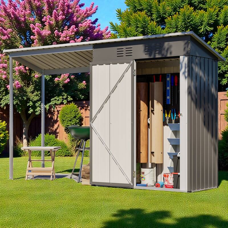 5x3 FT Galvanized Steel Shed and Gazebo Combo, Lean-To Storage Shed with Pergola for Backyard