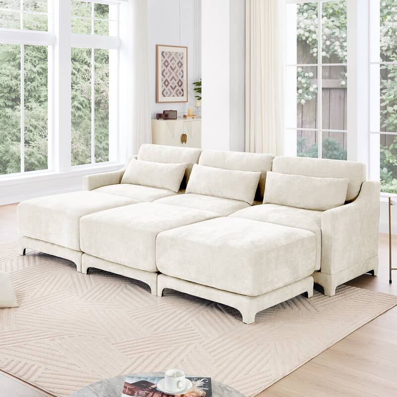 Chenille Upholstered Sofa with Lumbar Pillows - Beige(3 Seat+3 Ottoman)