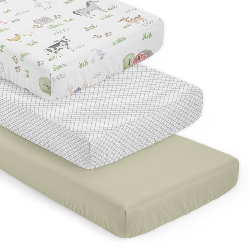 Sweet Jojo Designs Farm Animals Boy, Girl Unisex/Gender Neutral 3 Pack Fitted Crib Sheets -White/Grey Lattice & Solid Sage Green