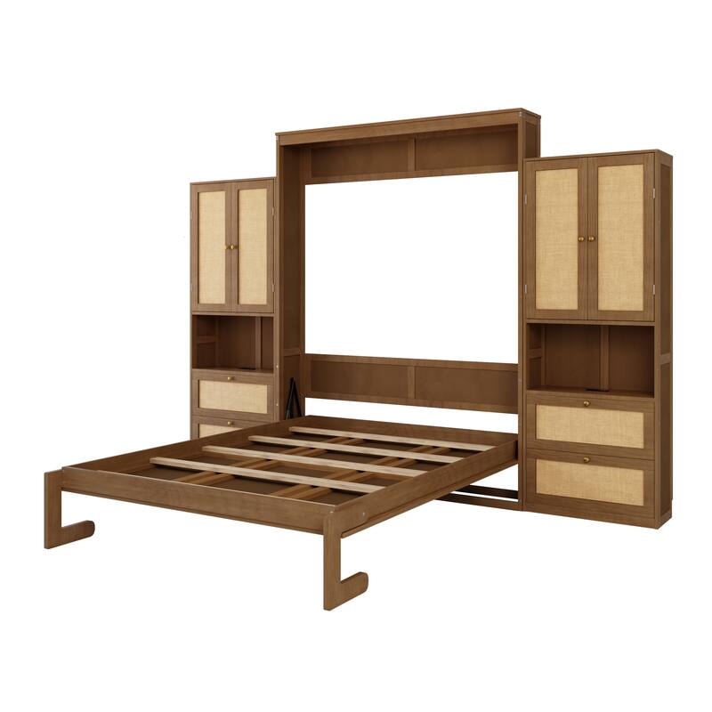 Foldable Bed Convert Cube Cabinet Rattan Murphy Bed Space-Saving Bed