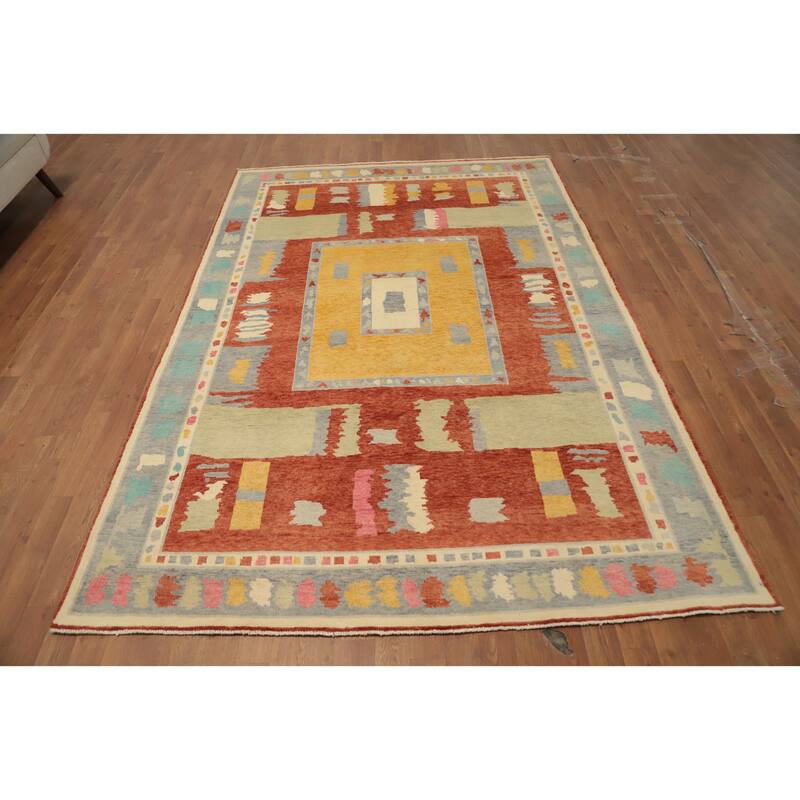 Hand Knotted Oriental 100% Wool Carpet Modern Geometric Oranges & Rust Gabbeh Area Rug - 8' 9'' X 5' 11''