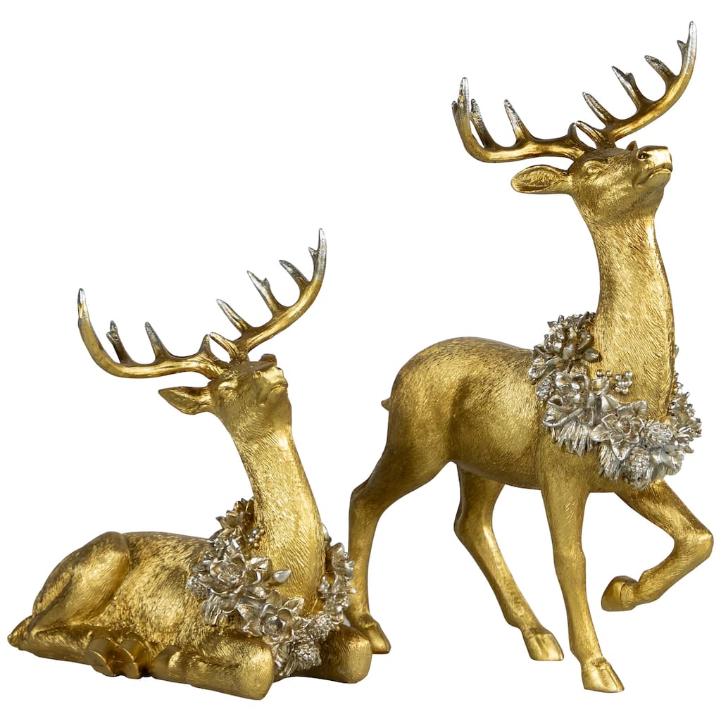 Reindeer with Wreaths Christmas Figurines - Gold - Set of 2 - 13.25"