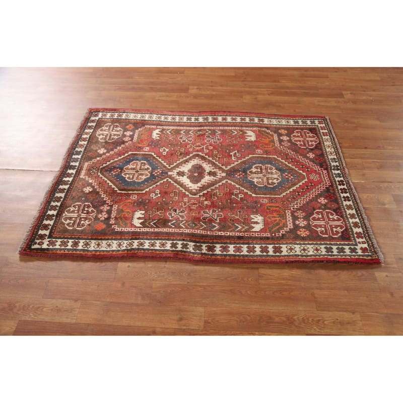 Geometric Qashqai Persian Vintage Area Rug Hand-knotted Wool Carpet - 3'5"x 4'8"
