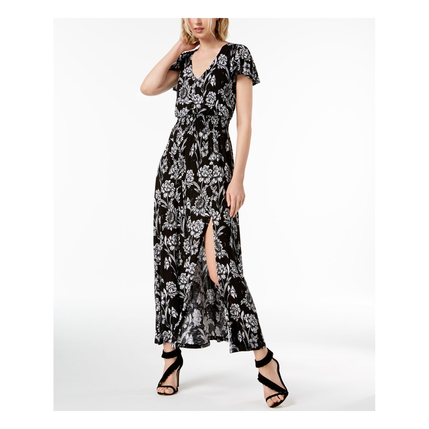 Shop Inc Womens Black Slit Floral Short Sleeve V Neck Full Length