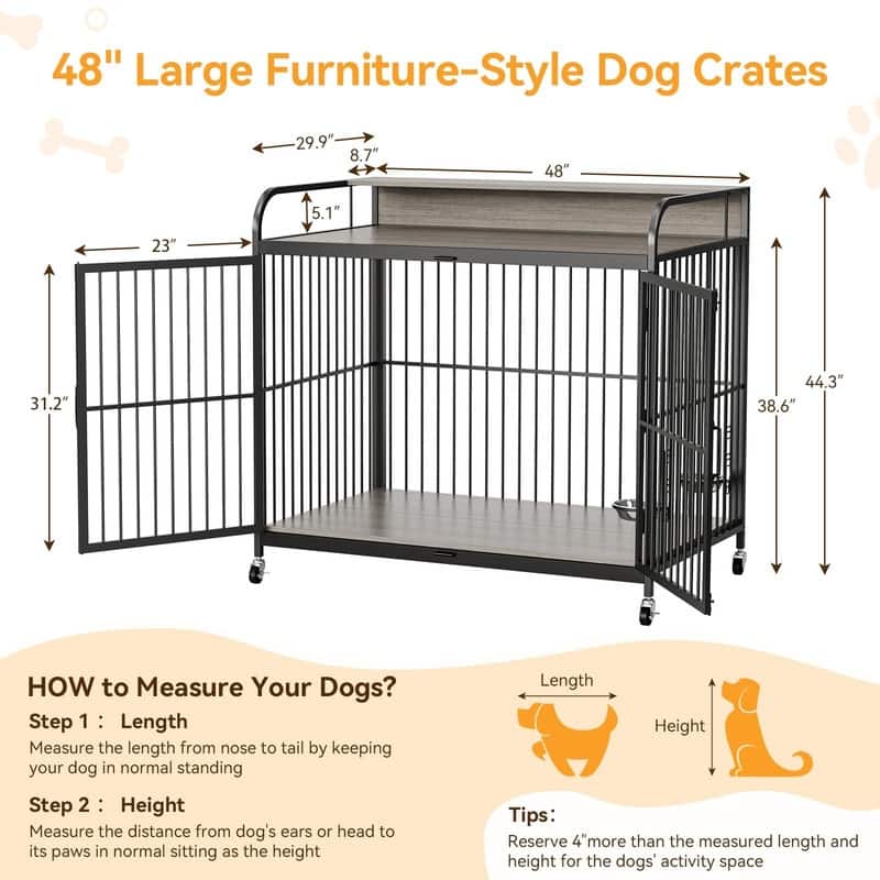 Large Dog Kennel Crate Furniture with 360° Adjustable Elevated Feeder Wheels