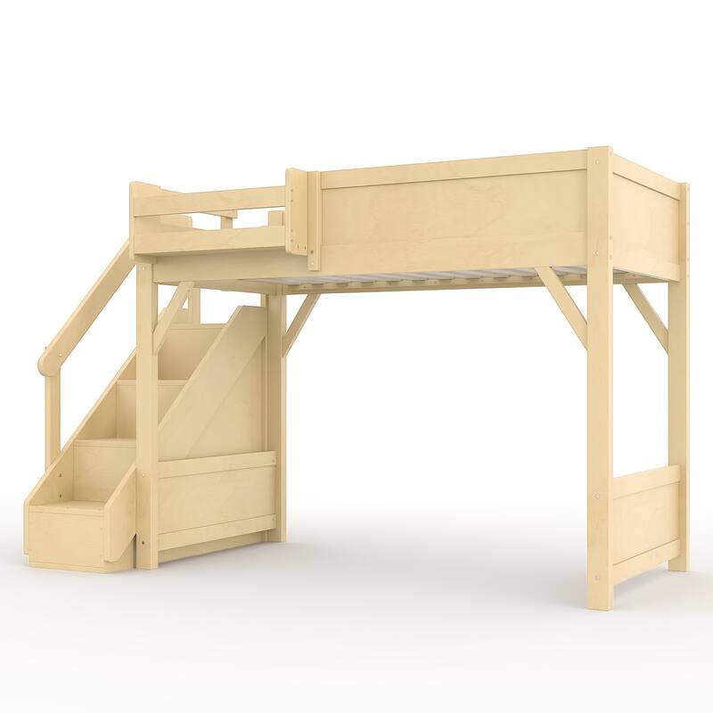 Full/Twin Loft Bed with Built-in Wardrobe, Storage & Stairs - Solid Wood, Full-Length Guardrails, No Box Spring