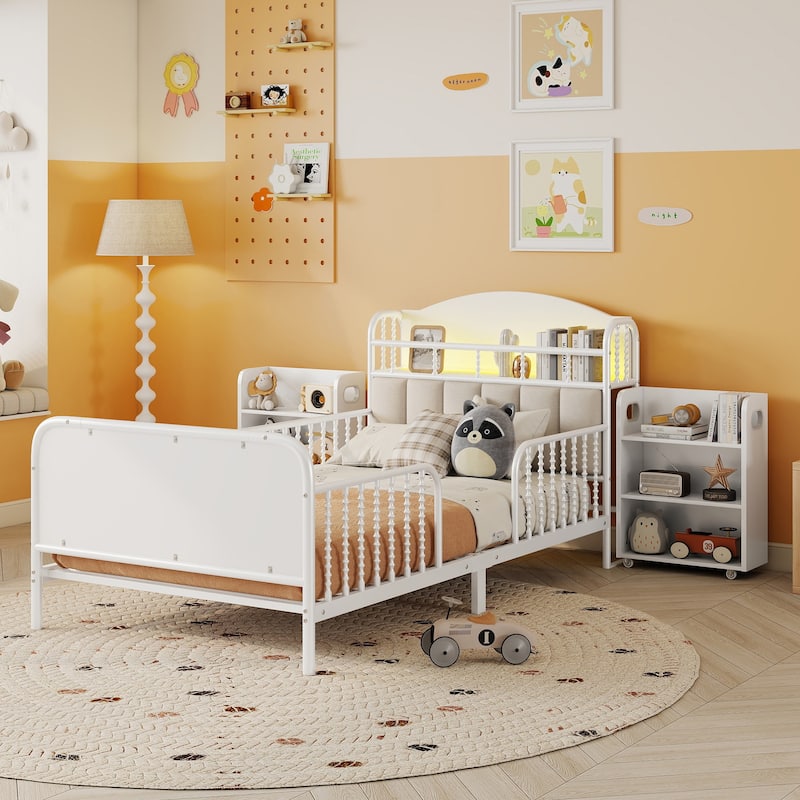 Kids Platform Bed Metal Frame with Linen Fabric Upholstered Storage Headboard Built-in Light Strip, Both Sides Rails - White with Pull Out Storage - Twin