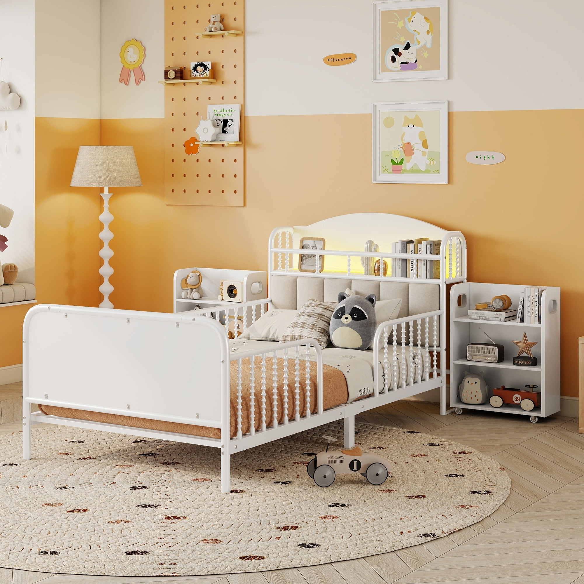 Twin Metal Platform Bed Frame with Lights, Upholstered Kids Bed with Pull-Out Storage Shelves