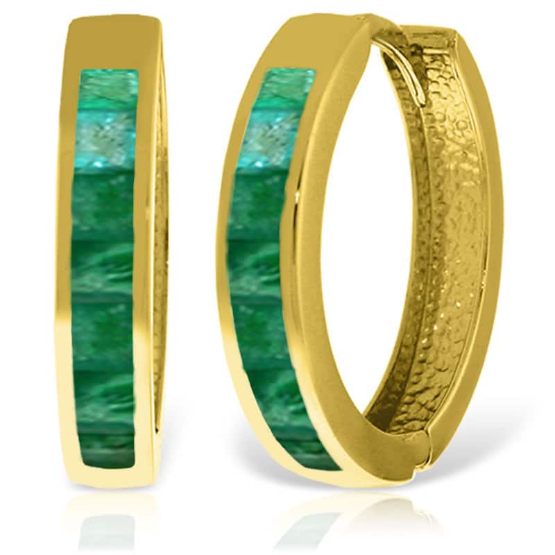 14K Solid Gold Hoop Huggie Gemstone Earrings w/ Natural Emeralds - Yellow