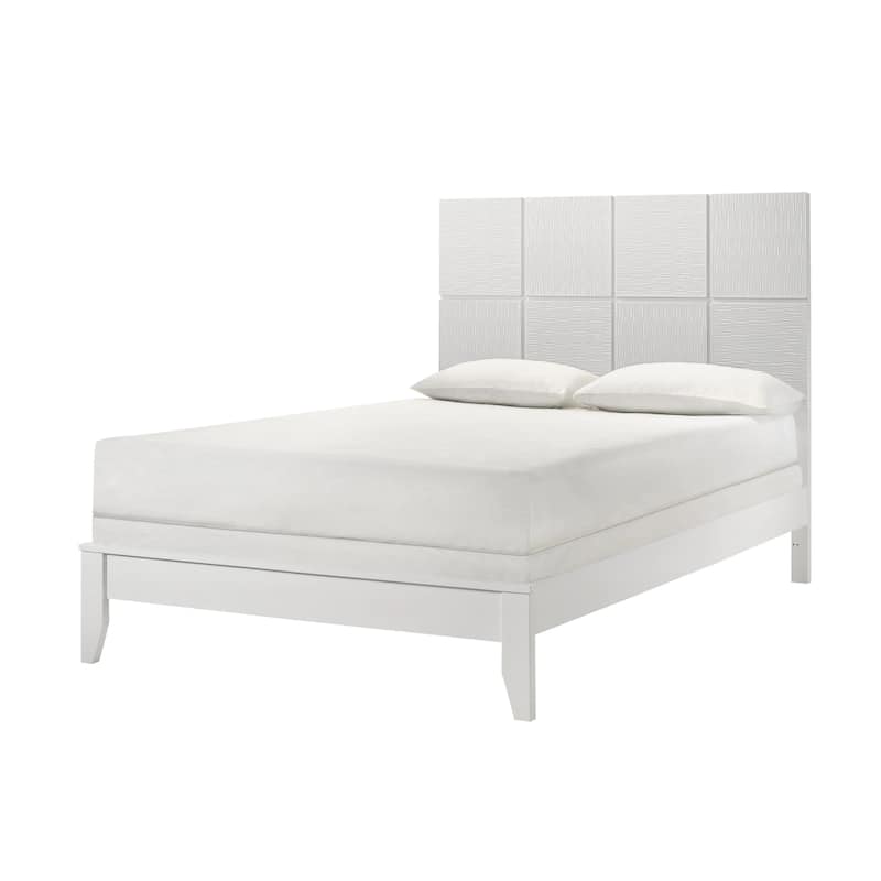 Deny Twin Size Bed w Grid Pattern Headboard, Tapered Front Legs, White