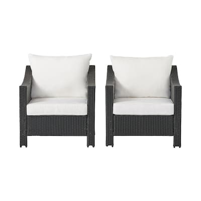 Annie Outdoor Armchair Set of 2, White Fabric, Gray PE Rattan Wicker, Iron