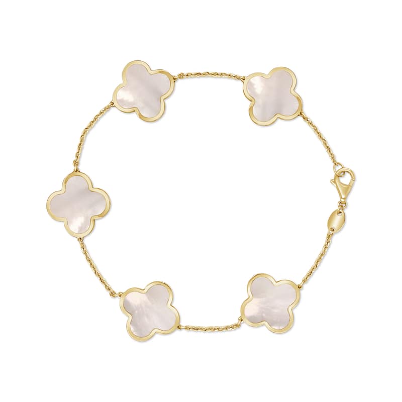 Italian Gold 14K Yellow Gold Mother of Pearl Clover Station Bracelet 15mm Clover size - Yellow