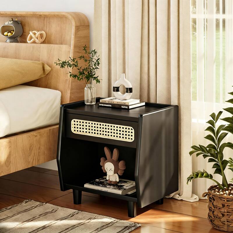 Christopher Knight Home - Zessia Retro 19" Wood Nightstand with Woven Drawer and Open Shelf - Black