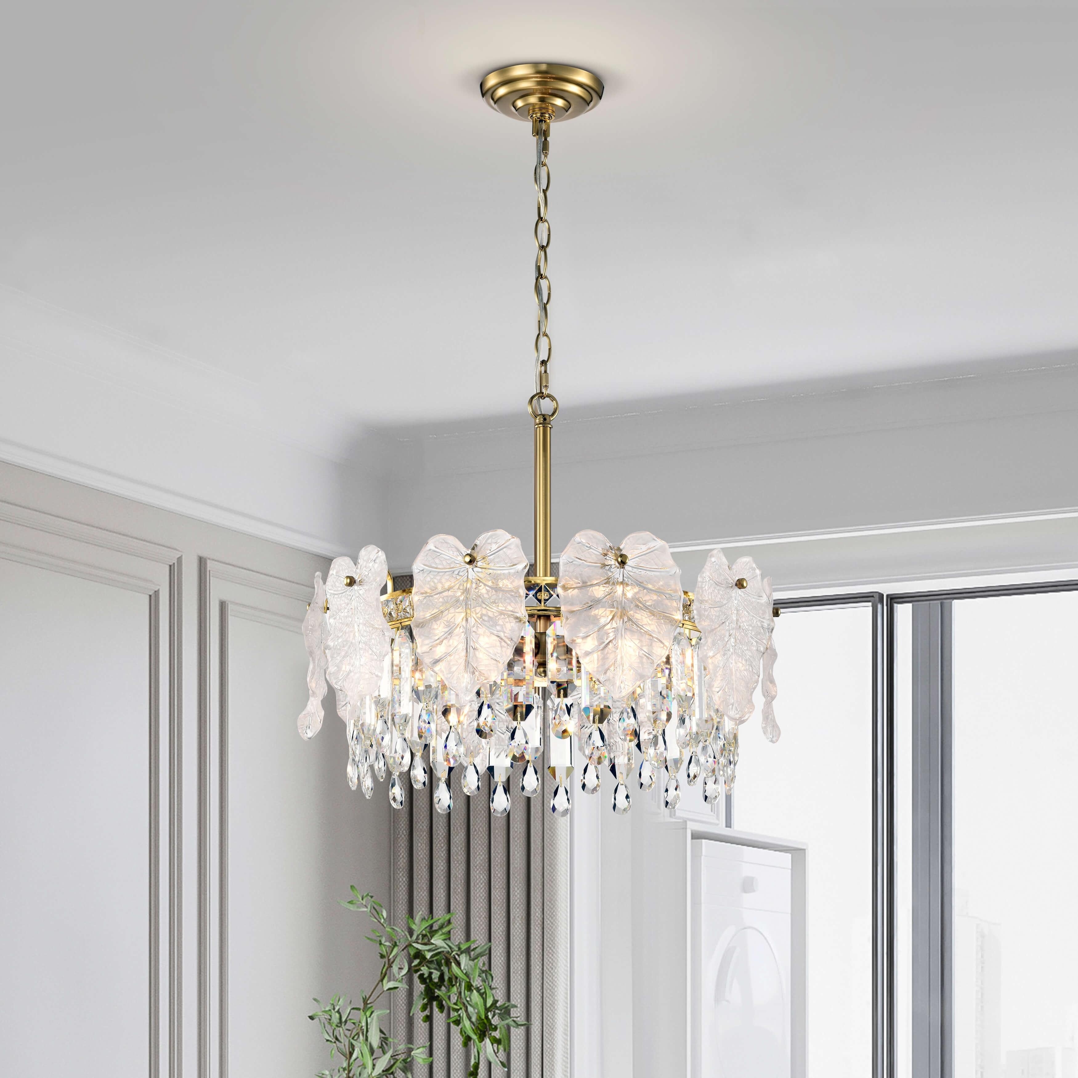 19 in. Dia x 16.8 in. H Gioconda 5 Light Brushed Shiny Brass Leaf Shaped Glass Crystal Chandelier