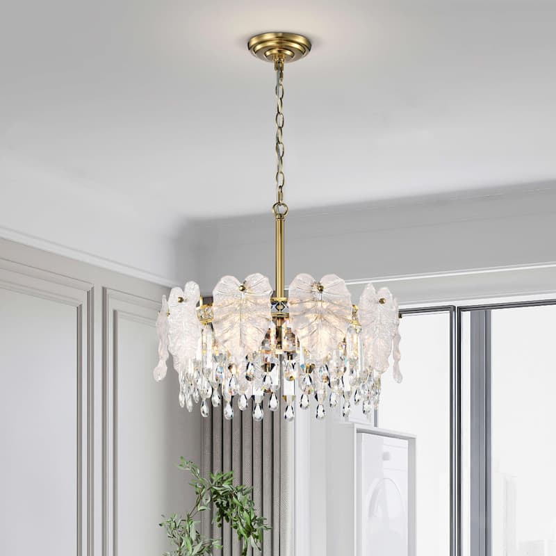 Alma 5-Light Brushed Shiny Brass Leaf-shaped Glass Crystal Chandelier - 19 inches in diameter x 16.8 inches H