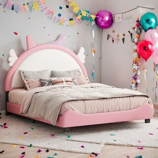 Cute Twin Size Upholstered Bed with Unicorn Shape Headboard, Platform Bed with Headboard and Footboard
