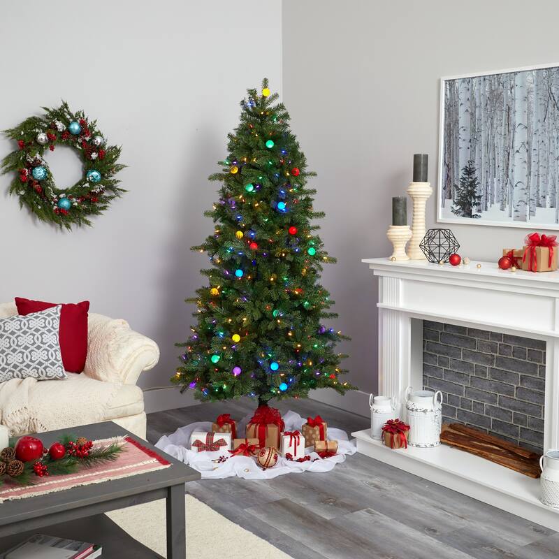 6.5ft. Fir Artificial Christmas Tree with 450 Multi-Color LED Lights, 45 Globe Bulbs & 1042 Branches - Holiday X-Mas Tree