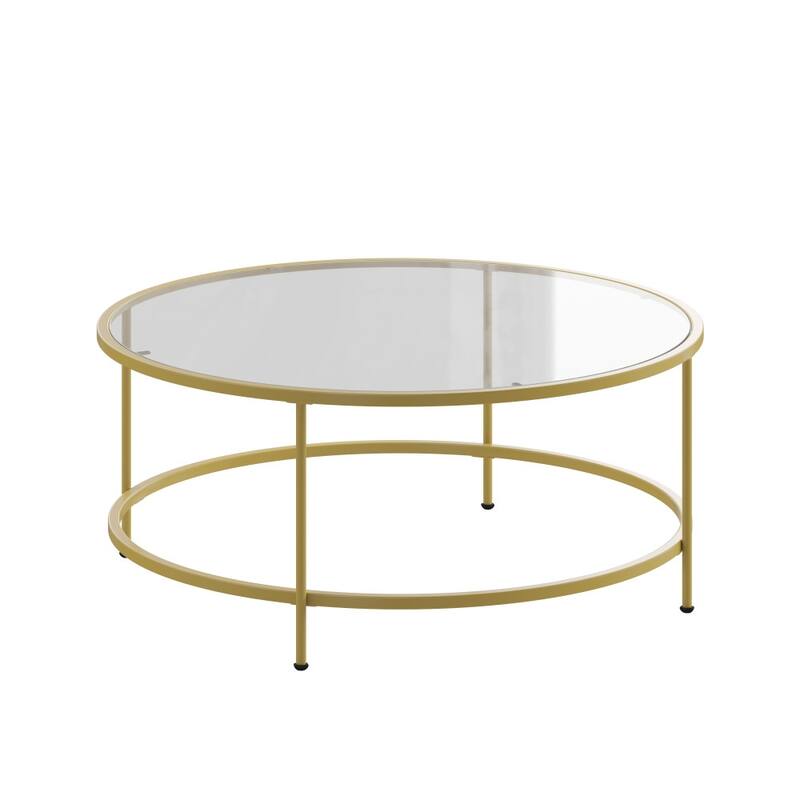 Glass Living Room Coffee Table with Round Metal Frame