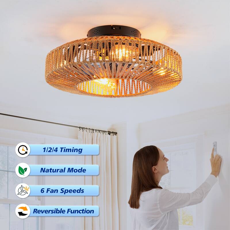 20" Rope Caged Ceiling Fans with Remote, Flush Mount Ceiling Fan with Light, Low Profile Chandelier 6 Speed DC Motor