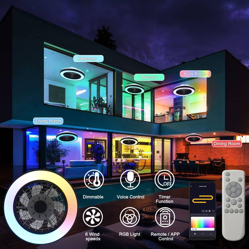 Cusp Barn 19" Modern Low Profile Flush Mount Ceiling Fans with Lights, Smart RGB Ceiling Fan with Alexa/Tuya APP/Voice Control