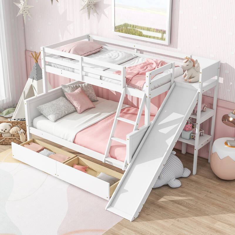Space-Saving Twin Over Full Bunk Bed with Storage Drawers, Slide, and Ladder - Grey