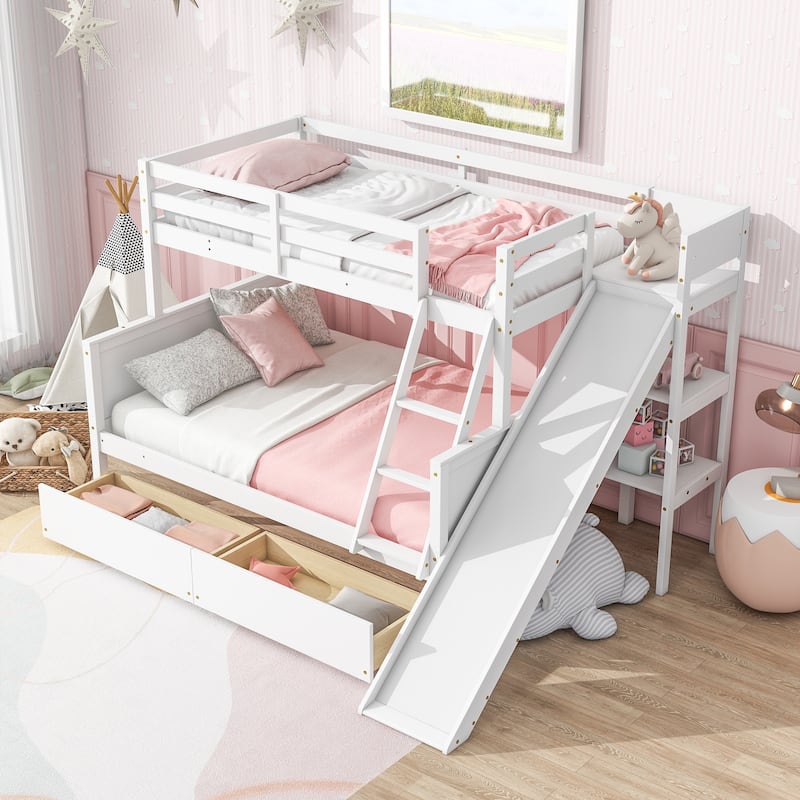 Twin over Full Bunk Bed with 2 Drawers, Slide, Shelves, Ladder, Rubber Wood Bunk Bed with Slide, Drawers