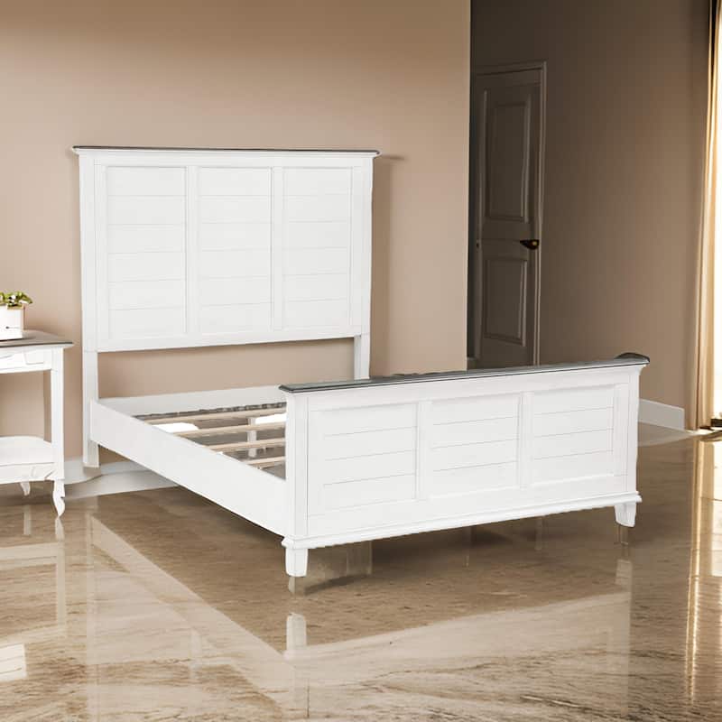 Woki Queen Size Bed, Solid Wood Panel Design, Farmhouse White and Brown