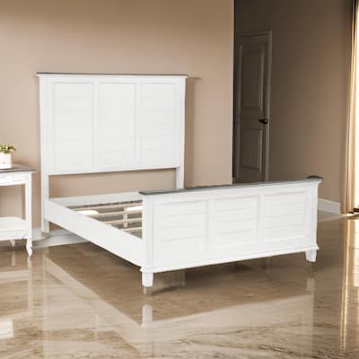 Woki Queen Size Bed, Solid Wood Panel Design, Farmhouse White and Brown
